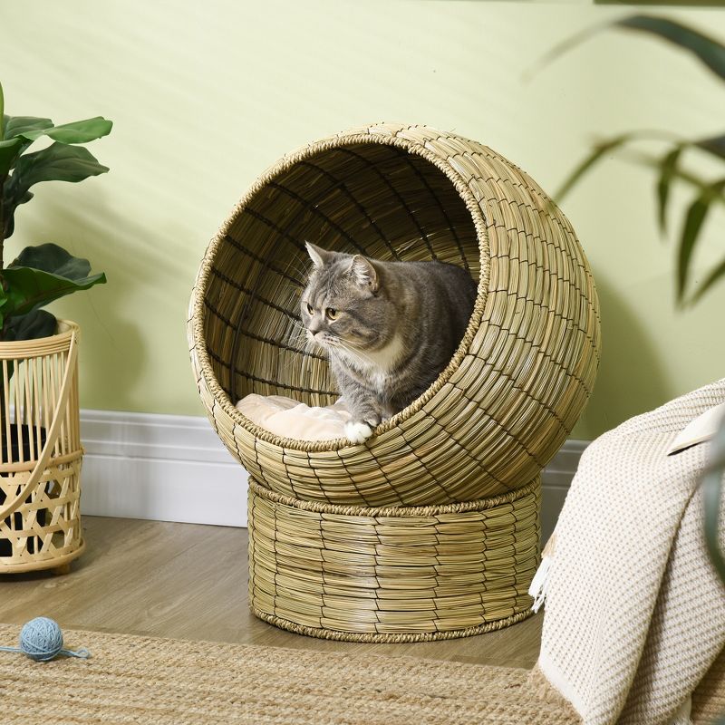 PawHut Cat Basket Bed with Cat Egg Chair Shape, Woven Elevated Cat Bed Kitty House, Raised Wicker Cat Bed for Indoor Cats, 20" Dia. x 23.5" H, Yellow, 4 of 8
