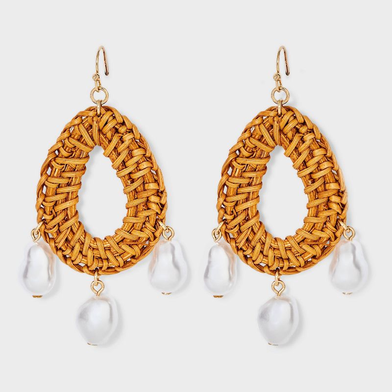 Raffia Oval Pearl Drop Earrings - A New Day&#8482; Gold/Brown, 1 of 4