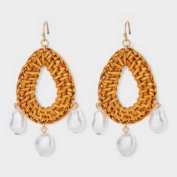 Gold Brown Raffia Oval Pearl Drop Earrings - A New Day™