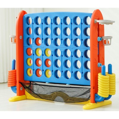 SUGIFT Giant 4 in-A-Row Connect Game Set with Carry Bag, Adjustable Height Jumbo Yard Game with Basketball Hoop, Golf, Mesh Pocket & Ring Toss