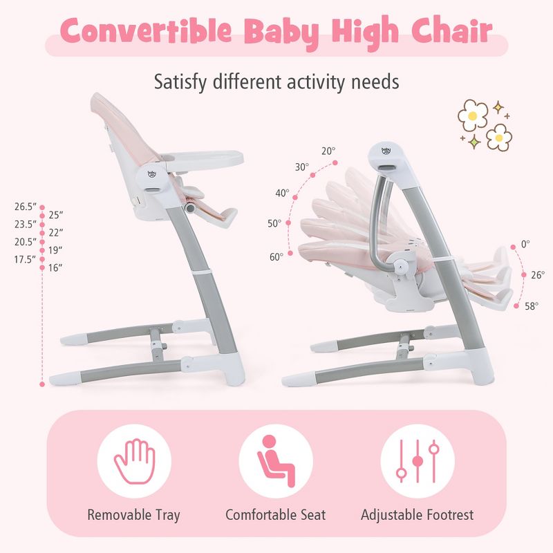 Babyjoy 3-in-1 Baby Swing & High Chair with  8 Adjustable Heights & Music Box Grey/Pink, 4 of 11
