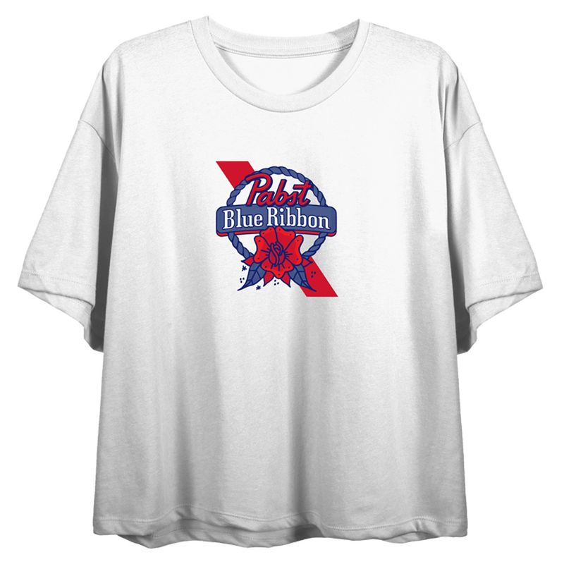 Pabst Blue Ribbon "Grab A Pabst" Women's White Crop Tee, 1 of 5