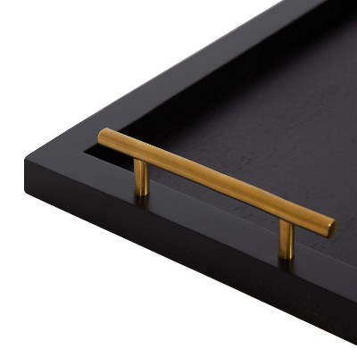 Elegant Black and Gold Rectangular Wooden Tray with Polished Handles, 24x10