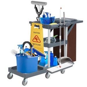 Commercial Traditional Janitorial 3-Shelf Cleaning Cart on Wheels with Cover and Vinyl Bag,Custodial Cart,Housekeeping Carts for Hotels,Stores,Schools - 1 of 4