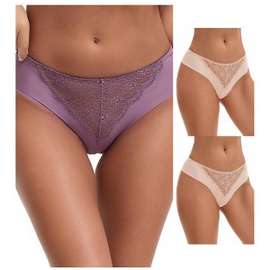 INSPIRE CHIC Women's Mid Waisted Briefs Smooth Silky Panties Soft Lace Breathable Underpants 3 Packs - 1 of 4