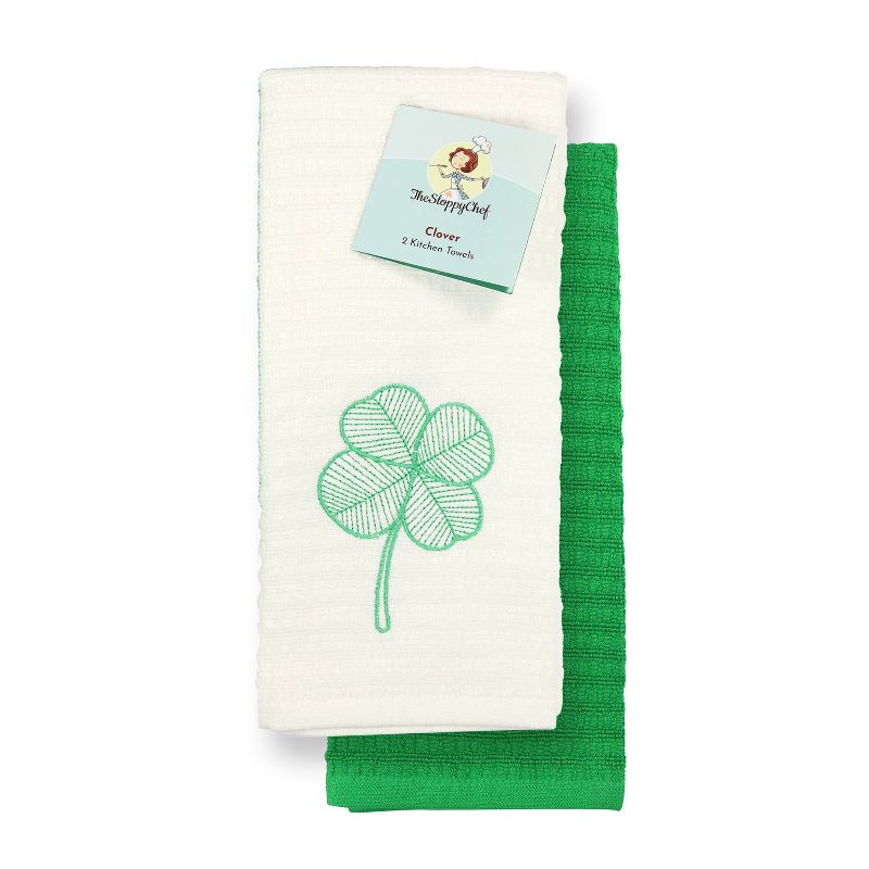 Sloppy Chef Lucky Embroidered Kitchen Towel (2-Piece Set), 16x26, 100% Cotton, Clover Design, 1 of 6