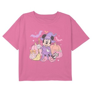Girls Minnie Mouse Halloween Witch Purple Costume Pumpkin Pose Cropped T-Shirt - 1 of 3