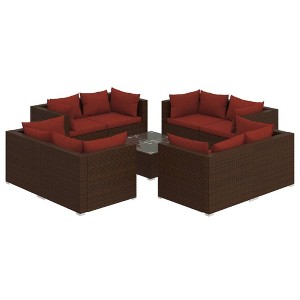 vidaXL Patio Lounge Set Outdoor Sectional Sofa Set Table Garden Poly Rattan - Brown and Red 8x Corner + Table - 1 of 4