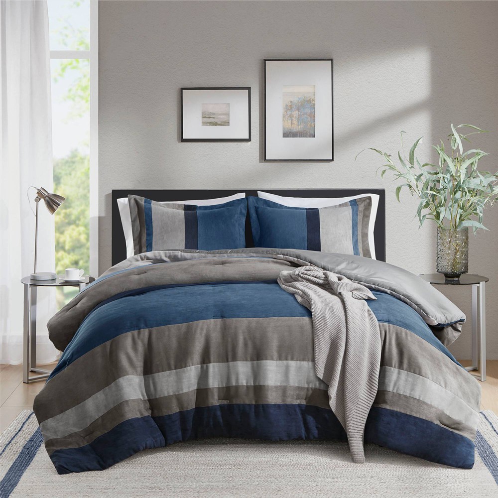 Photos - Bed Linen King/California King Boulder Striped Microsuede Comforter Mini Set Blue 