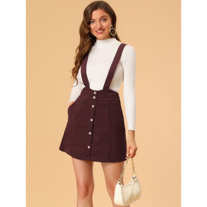 Allegra K Women's Corduroy A-line Decor Button Front Mini Suspender Skirt, 2 of 6
