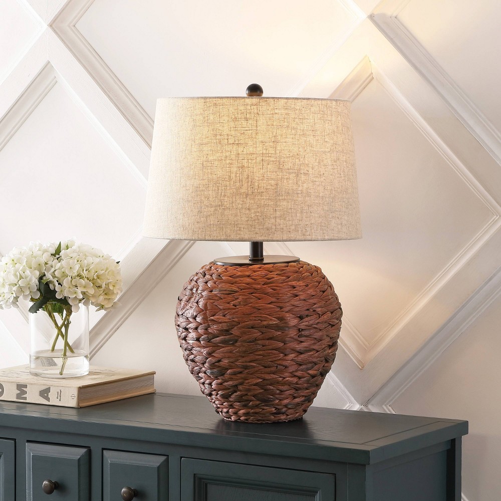 Photos - Floodlight / Street Light JONATHAN Y Alaro 24.5" Table Lamp: Hand-Woven, Beige Linen Shade, Rustic Metal Frame