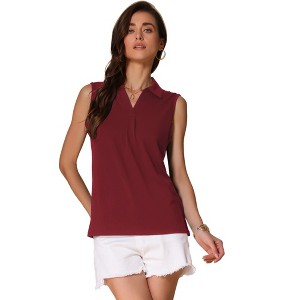 INSPIRE CHIC Women's Summer Sleeveless V Neck Turndown Collar Polo Casual Blouse - 1 of 4
