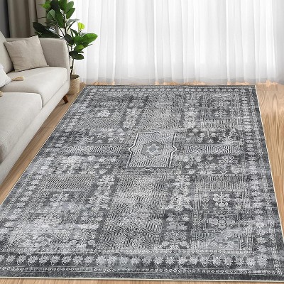 Vintage Washable Rug, Distressed Floral Low Pile Non-Slip Soft Accent Carpet for Living Room, Bedroom, Nursery, Entryway