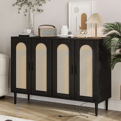 Rattan Sideboard Buffet Cabinet, 4 Doors Accent Storage Cabinet with Power Outlet