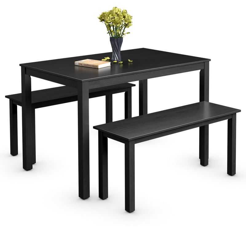 3pcs Dining Set Modern Studio Collection Table with 2 Benches Wood Legs Black, 1 of 11