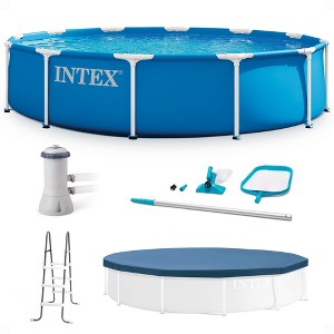 Intex 12 Foot by 30 Inch Framed Above Ground Swimming Pool with 42 Inch Tall Ladder, Maintenance Kit Vacuum Skimmer, and Secure Vinyl Pool Cover - 1 of 4