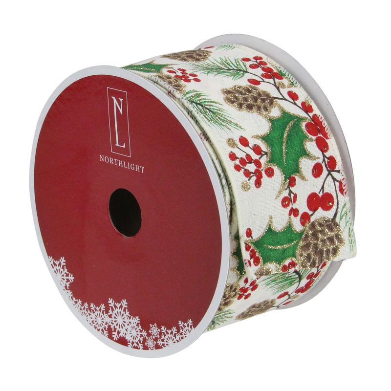 Northlight Glitter White and Green Holly Berries Christmas Wired Craft Ribbon 2.5" x 16 Yards, 3 of 4