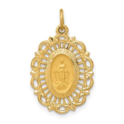 Black Bow Jewelry 14k Yellow Gold, Oval Filigree Miraculous Medal Charm, 15 x 25mm