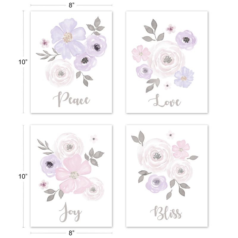 Sweet Jojo Designs Girl Unframed Wall Art Prints for Décor Watercolor Floral Purple Pink and Grey 4pc, 4 of 6