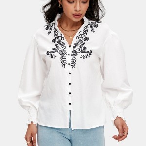 Knit & Lounge Women’s Embroidered Blouse Puff Long Sleeves Smocked Cuffs Button Front Lightweight Top - 1 of 4