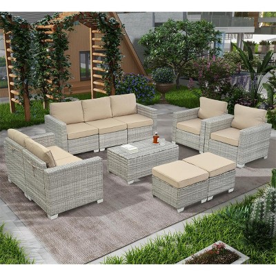 ELJGET 10PCS Outdoor Patio Wicker Furniture Set Cushioned Sectional Sofa Storage Coffee Table Beige Cushion
