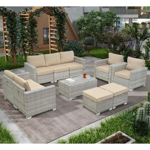 ELJGET 10PCS Outdoor Patio Wicker Furniture Set Cushioned Sectional Sofa Storage Coffee Table Beige Cushion - 1 of 4