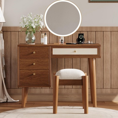 39 w Retro Wooden Makeup Vanity Set With Charging Plug Usb Port And Stool Dressing Table With 3 Drawers And 1 Rattan Drawer Walnut 4b Modernluxe Target