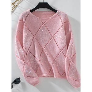 Women's Fashion Openwork Sequin Argyle Pullover Sweater, Loose Knit Jumper for Casual & Party Wear - 1 of 3
