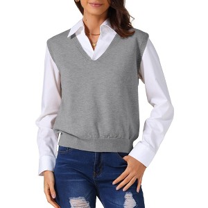 INSPIRE CHIC Women's V-Neck Sleeveless Uniform Classic Knitted Pullover Sweater Vest - 1 of 4