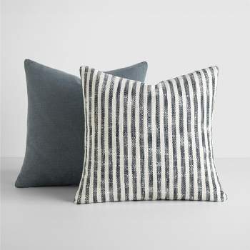 2-Pack Yarn-Dyed Patterns Navy Throw Pillows in Yarn-Dyed Bengal Stripe & Solid - Becky Cameron, Navy Yarn-Dyed Bengal Stripe / Solid, 20 x 20