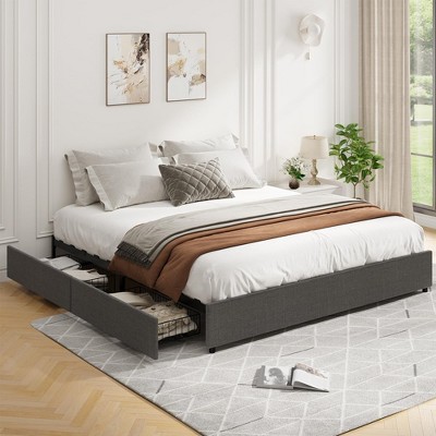 Whizmax Platform Bed Frame, Fabric Upholstered with 4 Storage Drawers, No Box Spring Needed, Wooden Slats Support, Easy Assembly, Dark Grey