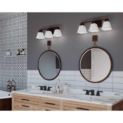 Antique Bronze 3-Light Bath Vanity Fixture with Etched Glass Shades