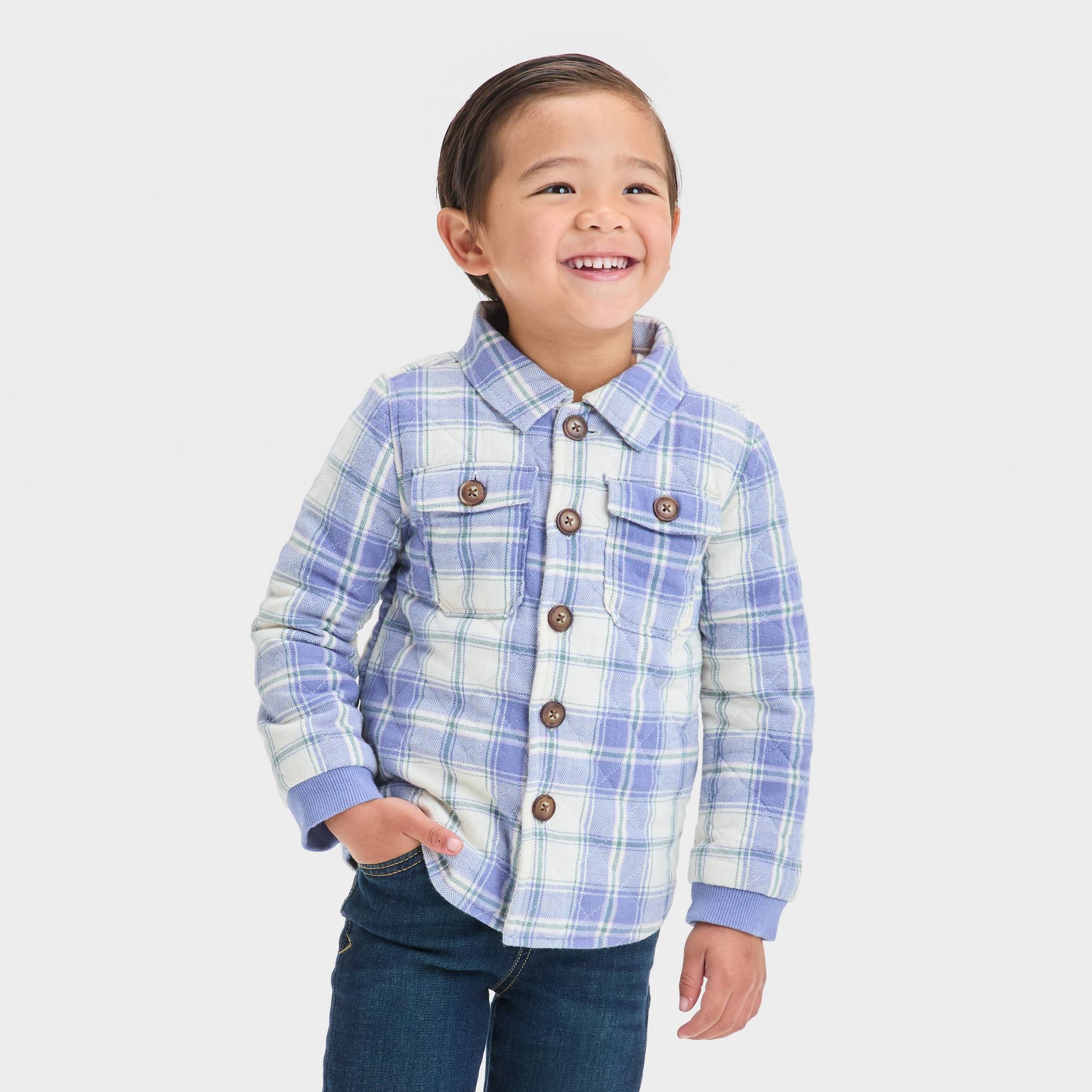 OshKosh B'gosh Toddler Boys' Long Sleeve Plaid Quilted Button Up Jacket - Cream/Blue 12M: Cotton Midweight, Collared, Ribbed Cuff