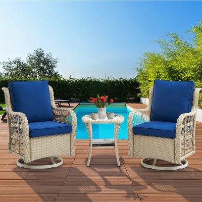 3 Pieces Outdoor Swivel Rocker Chair Set of 2 with Glass Top Table, Outdoor Swivel Glider Rocker, Wicker Swivel Chair Set for Patio Porch Pool