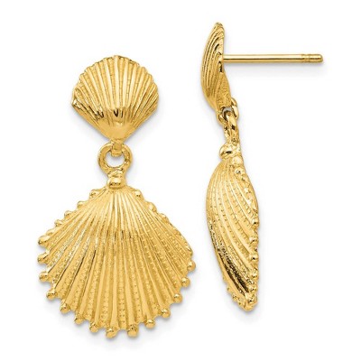Black Bow Jewelry Double Scalloped Shell Dangle Post Earrings in 14k Yellow Gold