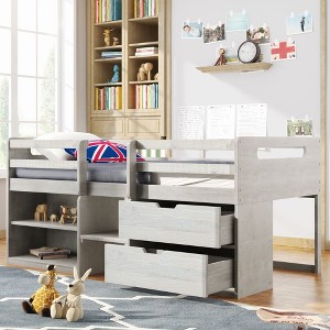 NicBex Twin Size Loft Bed Low Level Design Pine Bed Frame with 2 Shelves, 2 Drawers and Full Length Guardrail, No Box Spring Required - 1 of 4