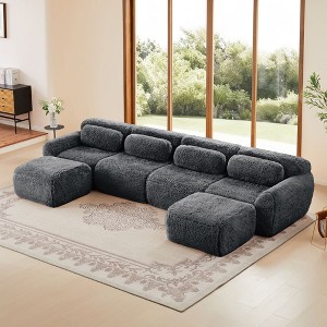149 inch Light Khaki U-shaped Plush Fabric Boneless Sectional Sofa Couches with Throw Pillows and 2 Ottomans ( Buckle Connection) - 1 of 4