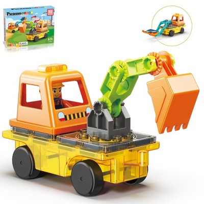 PICASSO-TILES 16 PC 2-IN-1 Excavator & Backhoe Brick Set, Magnetic Tiles, Building Blocks, STEM Toys for Kids 3+
