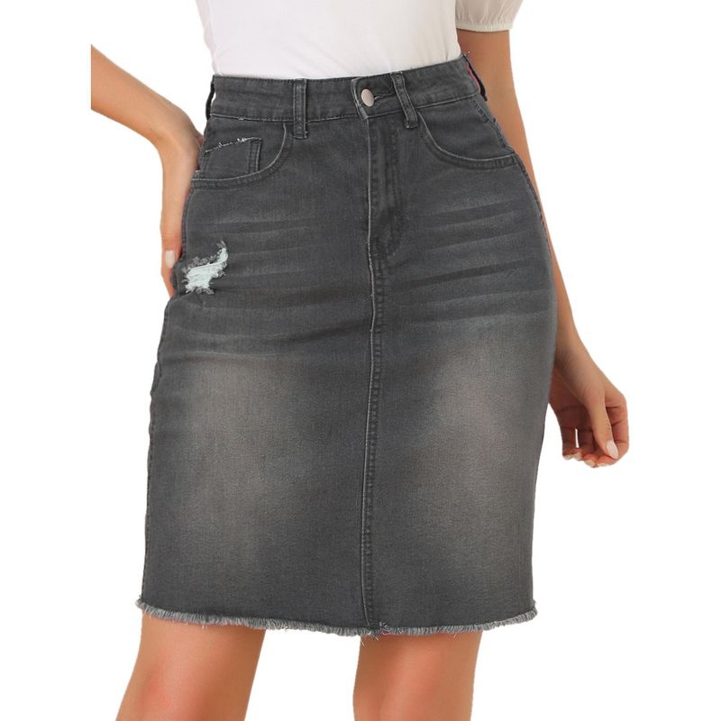 Allegra K Women's Basic Distressed High Waist Ripped Hem Washed Jeans Skirt, 1 of 7