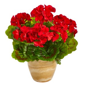 Nearly Natural 11-in Geranium Artificial Plant in Ceramic Planter UV Resistant (Indoor/Outdoor), Red - 1 of 3