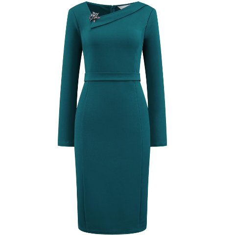 Женские платья INSPIRE CHIC Women's Asymmetrical Neckline Long Sleeve Wear to Work Sheath Dress X-Large Peacock Blue