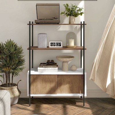 White and Oak Adjustable 3-Shelf Bookcase with Sliding Doors