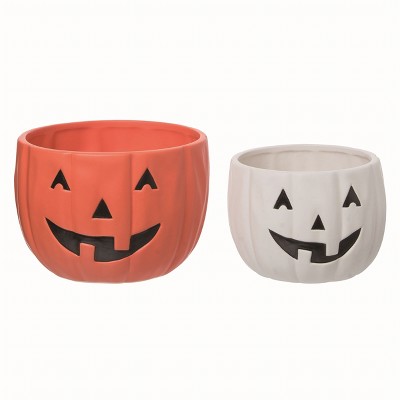 Transpac Ceramic Orange Halloween Jack-O-Lantern Bowls Set of 2