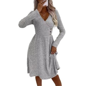 Coolmee Women's Long Sleeve Sweater Dress Fall Dresses V Neck Baby Doll Dresse Midi Dress - 1 of 4