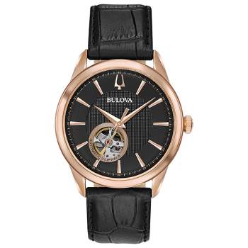 Bulova Men's Classic Automatic Watch with Black Leather Strap, Open Aperture Dial, Hack Feature, Rose Gold 41mm