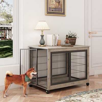 Dog Crate Side Table On Wheels, Dog Crate With Wide Double-door, Single Side-door, Horizontal Lift-top, Latches, Versatile Wooden Indoor Kennel