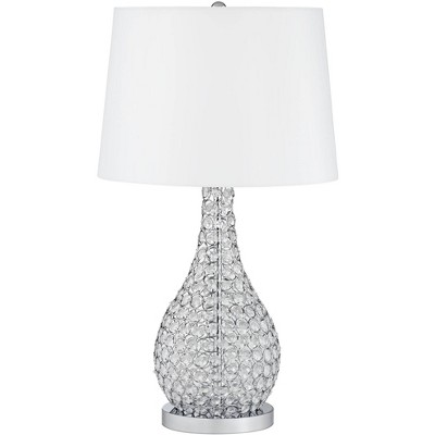 Possini Euro Design Modern Table Lamp Acrylic Beaded Silver Gourd White Drum Shade for Living Family Room Bedroom Bedside