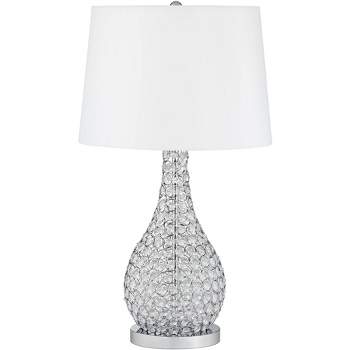 Possini Euro Design Modern Table Lamp 27" Tall Clear Acrylic Beaded Chrome White Drum Shade for Bedroom Living Room House Home Bedside Nightstand