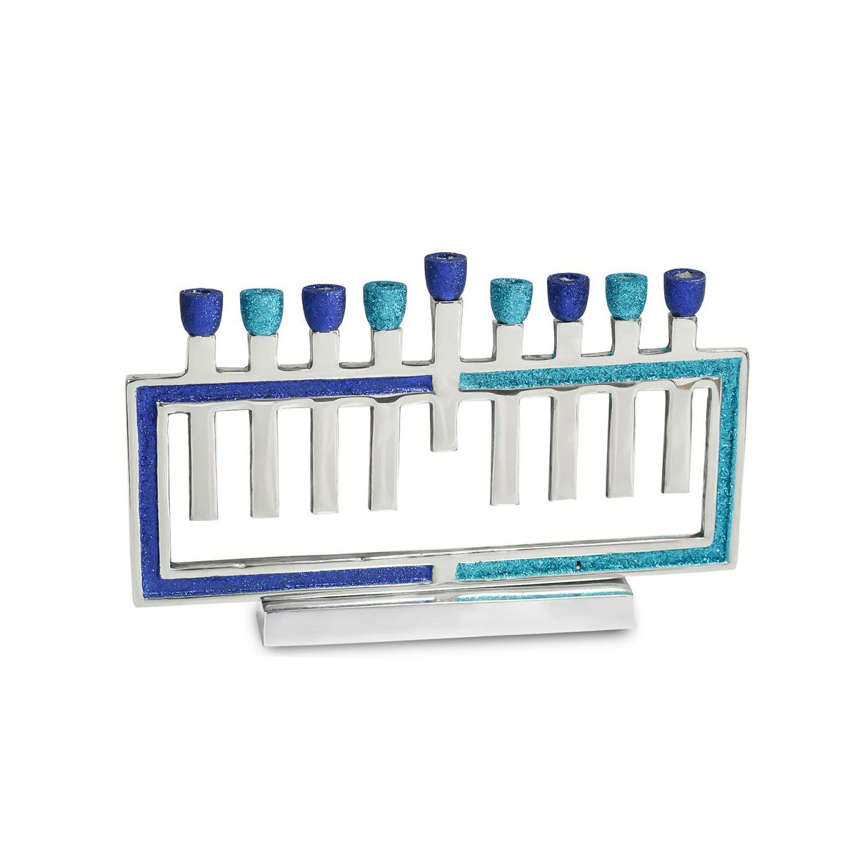 Aluminum Blue Menorah with Glitter Design for Hanukkah, 11.5 x 6.7 in