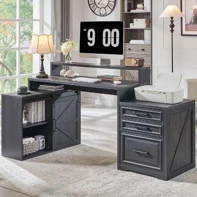 SinCiDo L-Shaped 67" Desk,Farmhouse Computer Desk w/ Charging Station & Filing Cabinets A4/ Letter /F4/ Law,Double-Layer Storage Cabinet,Writing Desk